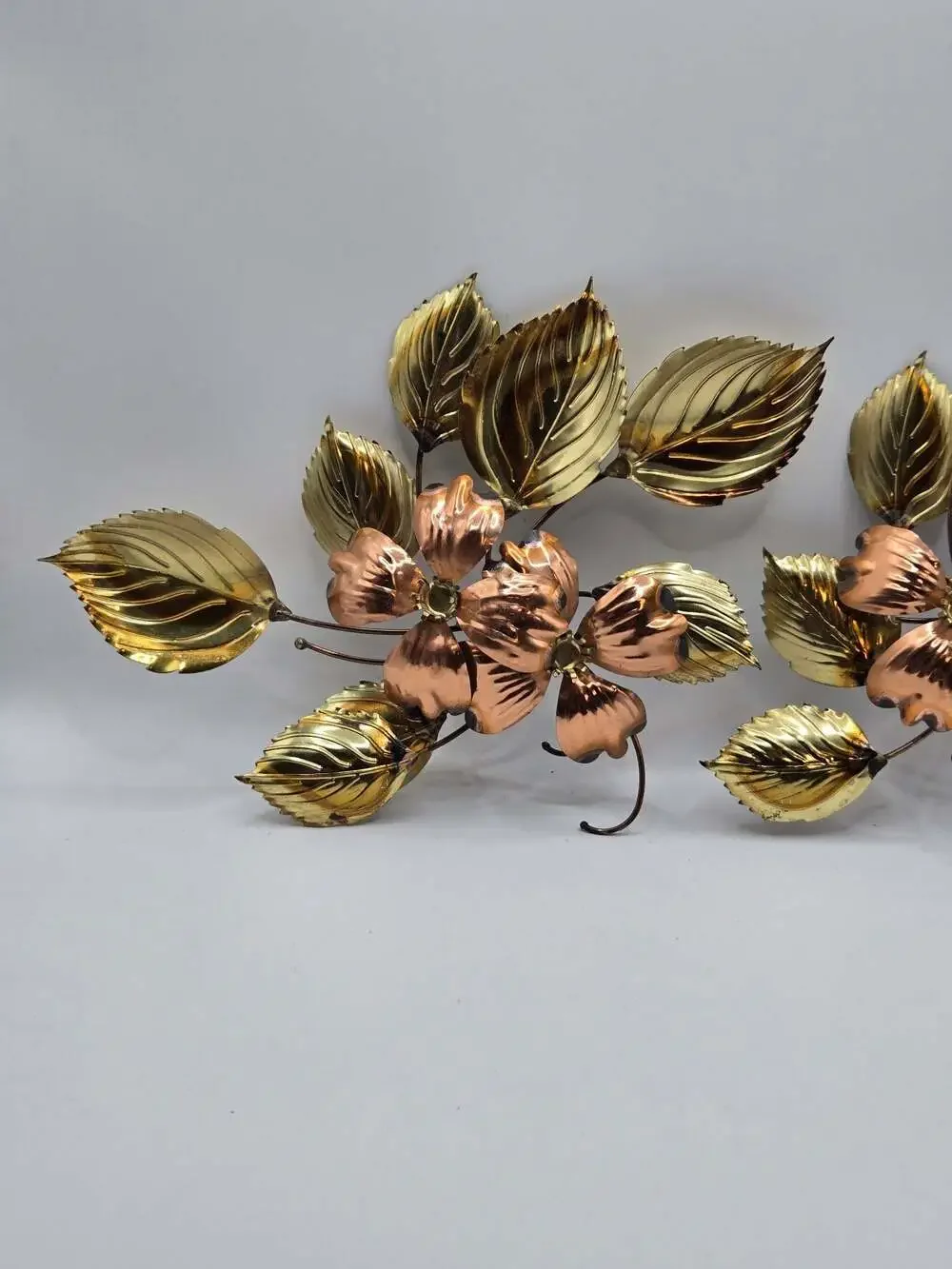 Vintage Mid-Century Modern Mixed Metal Brass and Copper Floral Wall Art Set